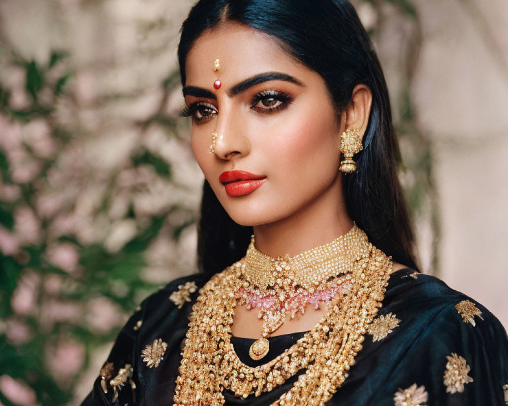 Traditional Indian Jewelry and Attire on Woman with Detailed Makeup