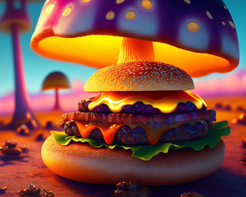 Colorful Cheeseburger with Mushroom Bun in Sunset Landscape