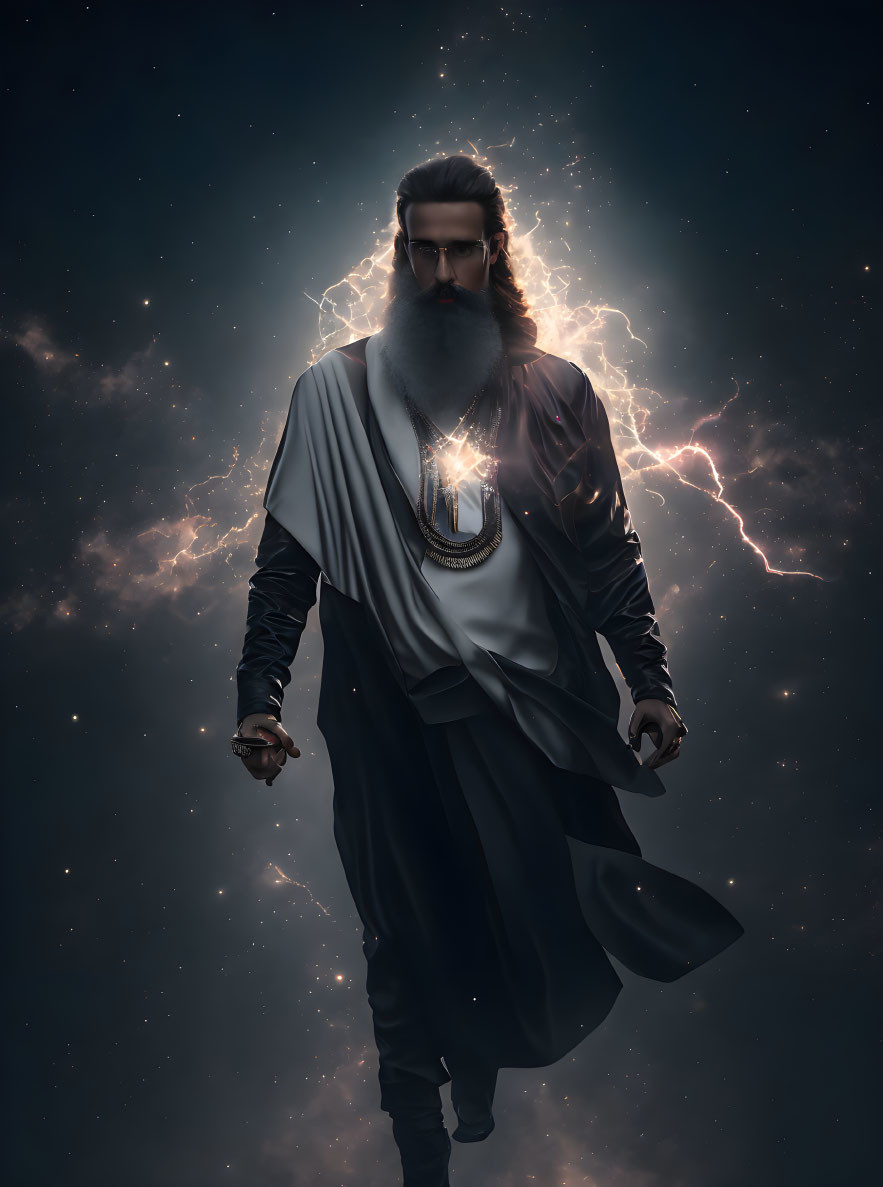 Majestic figure with glowing amulet and lightning in flowing robes against starry backdrop