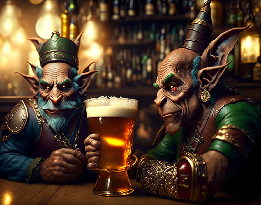 Animated goblins in medieval attire at tavern with beer mug