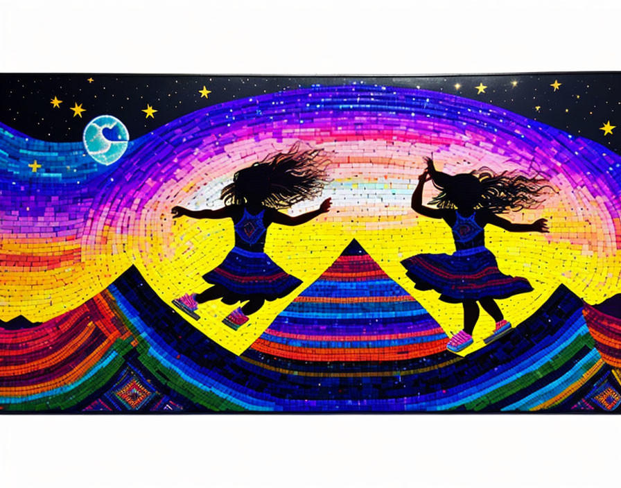 Silhouetted figures dancing on rainbow mosaic with crescent moon