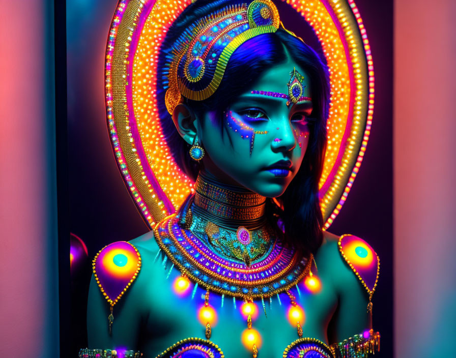 Vibrant woman with luminous makeup and ornate jewelry under neon lights