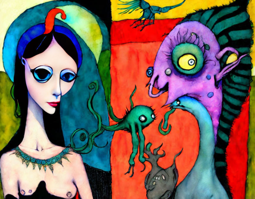 Colorful surreal illustration: humanoid female, blue hair, multi-eyed purple creature, small green character