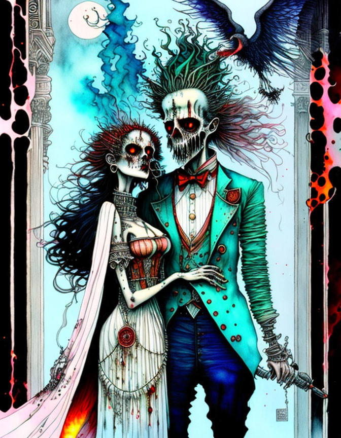 Gothic skeletal bride and groom in colorful, dynamic setting