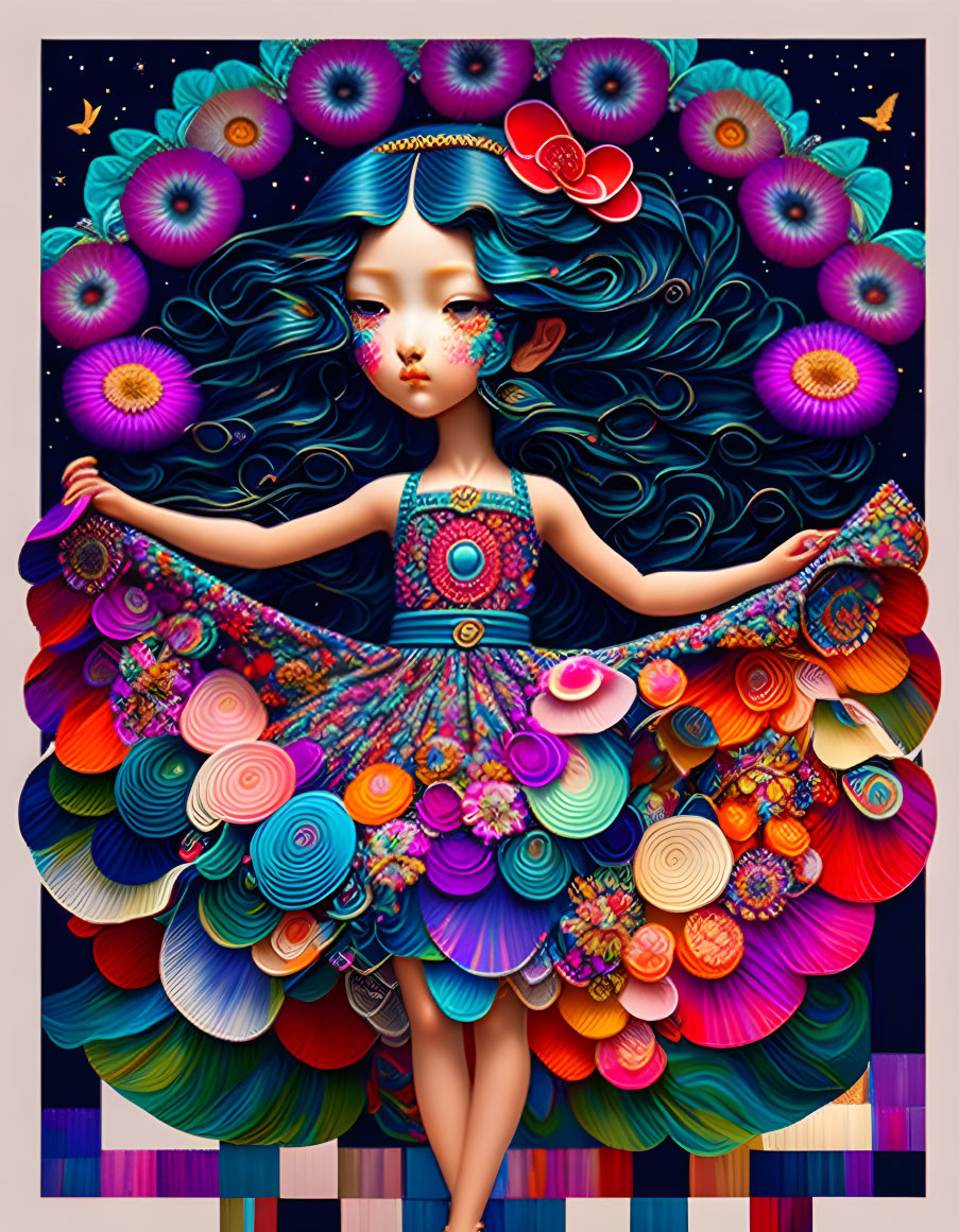 Vibrant illustration of girl with blue hair in floral dress on starry backdrop