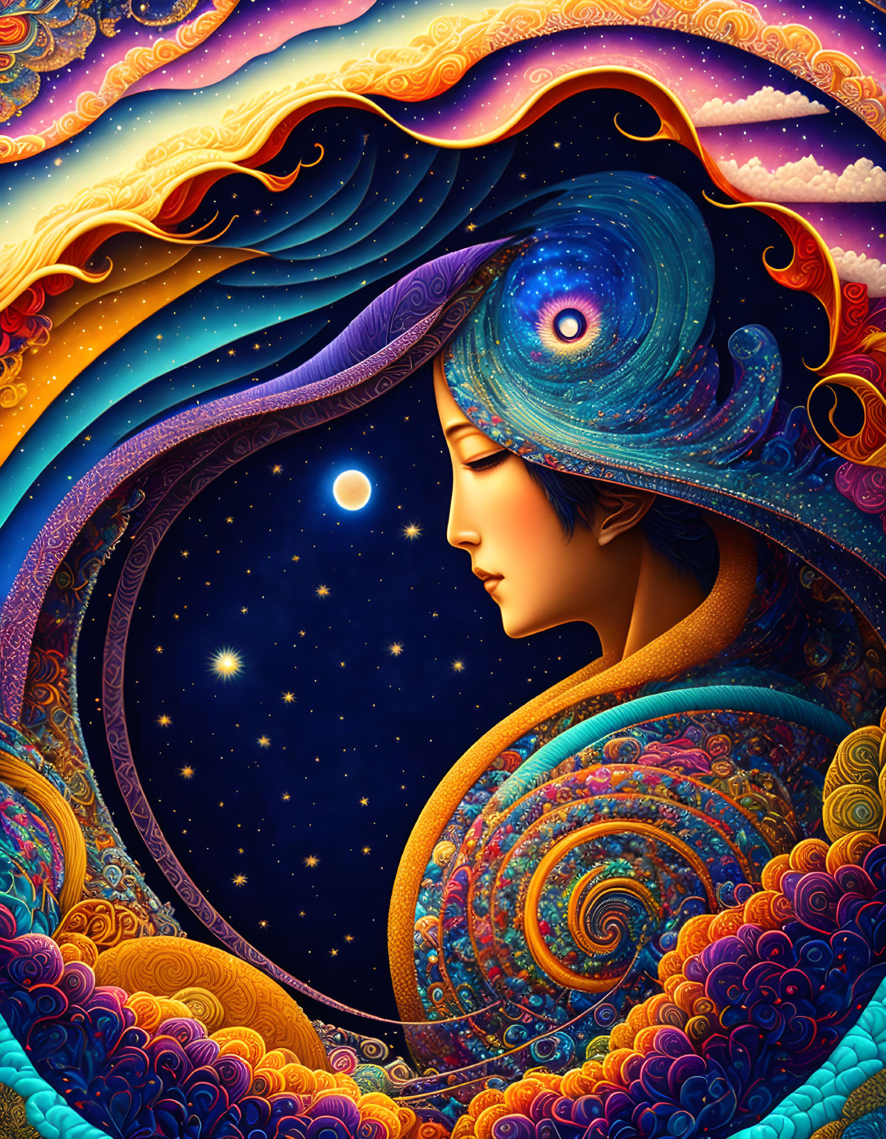 Colorful surreal illustration of woman with cosmic theme