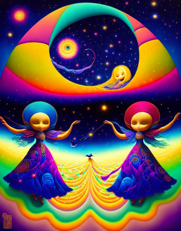 Psychedelic image of symmetrical figures in flowing dresses against cosmic background