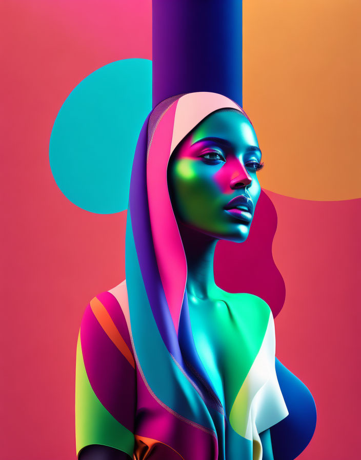 Colorful digital artwork: Woman with vibrant skin tones on abstract background