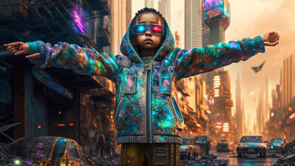 Child in colorful hoodie and sunglasses in futuristic urban alley with neon lights and high-tech buildings