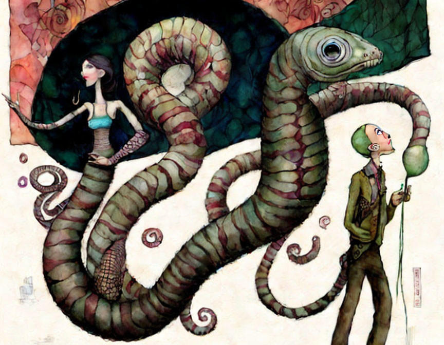 Illustration of man with balloon near giant snail and woman on shell