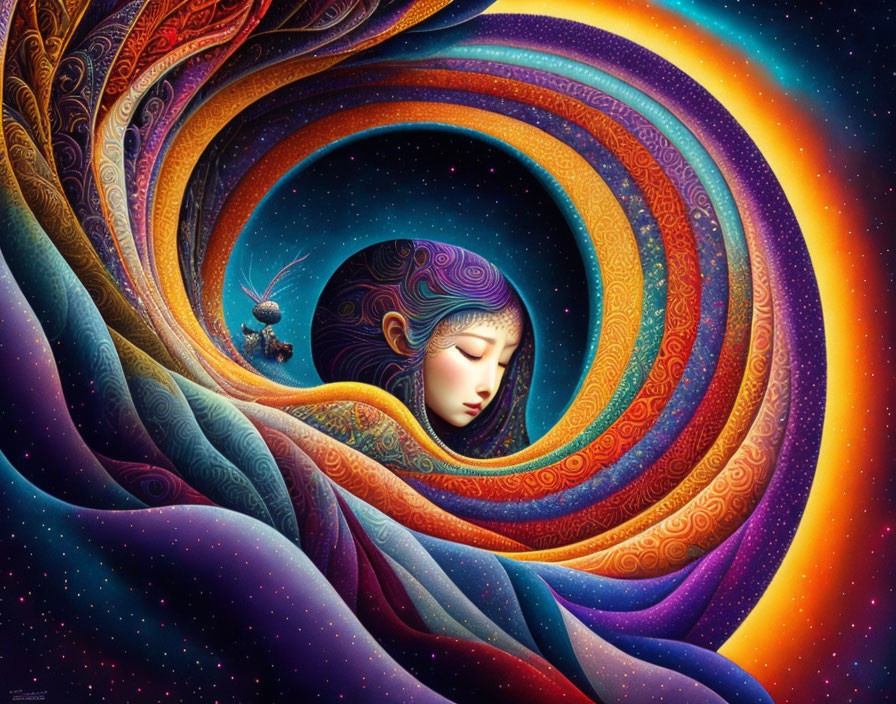 Colorful cosmic artwork: woman's face with swirling patterns, starry space backdrop, snail on