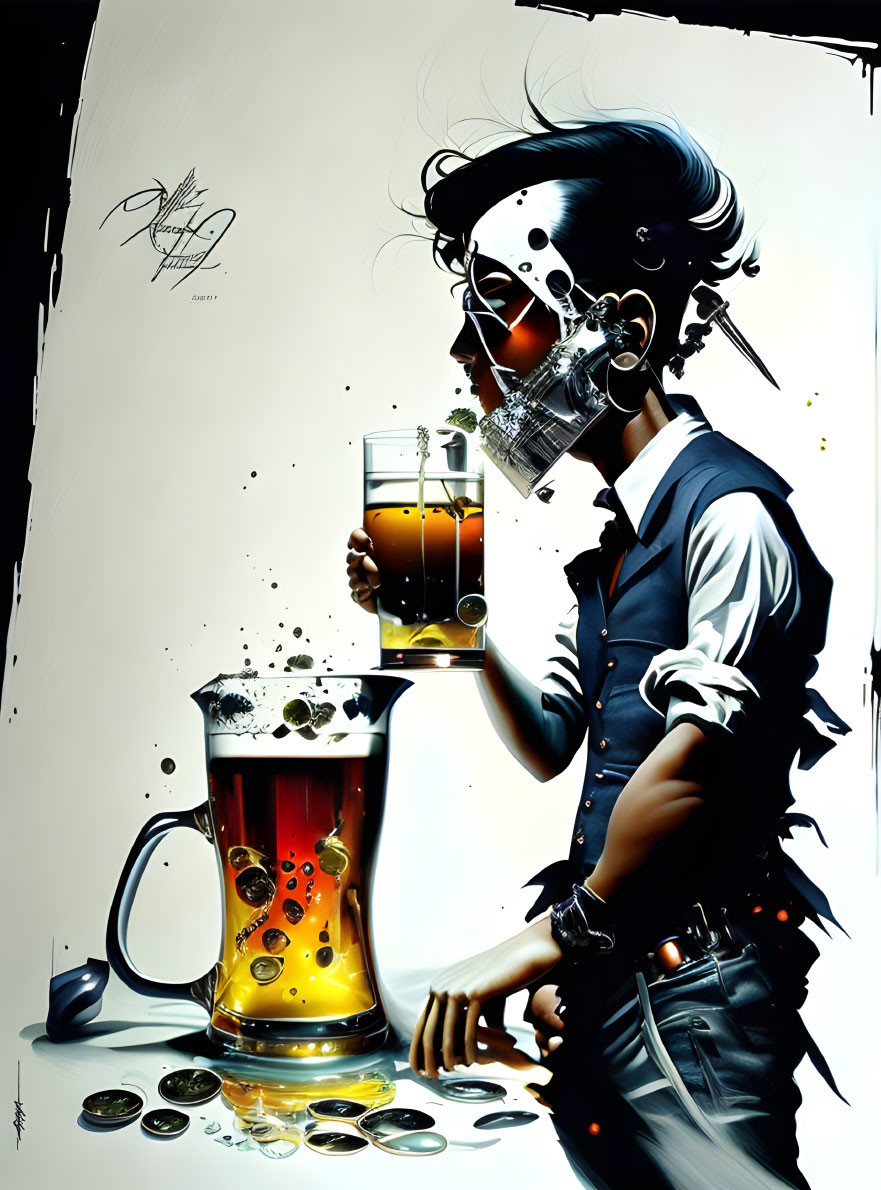 Illustration of person with robotic face holding beer glass and pitcher on table.