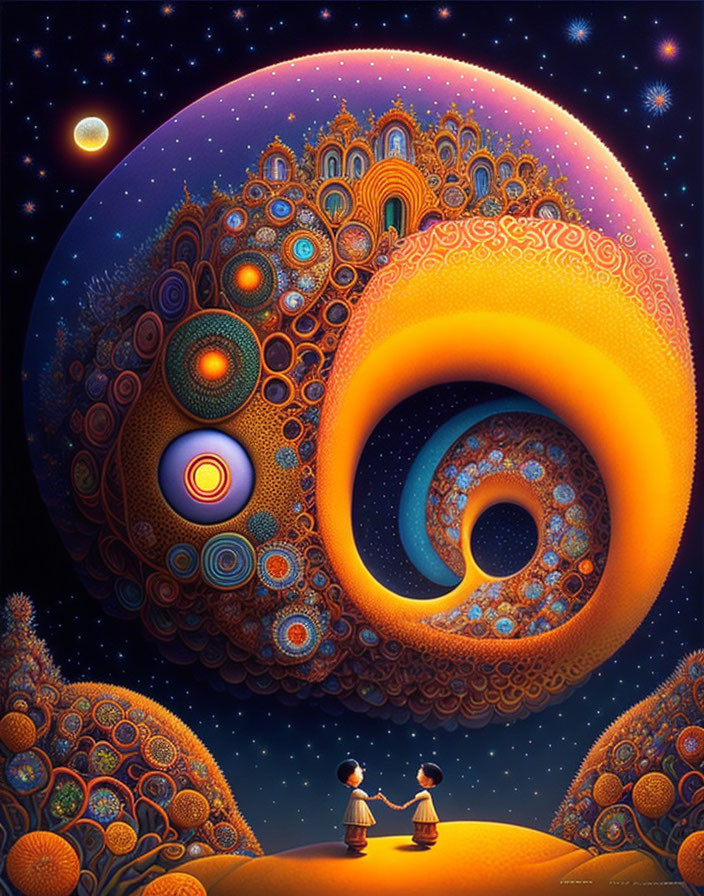 Vibrant surreal landscape with swirling patterns and structures under a starry sky