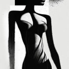 Surreal black and white illustration of stylized figure with elongated limbs and abstract patterns