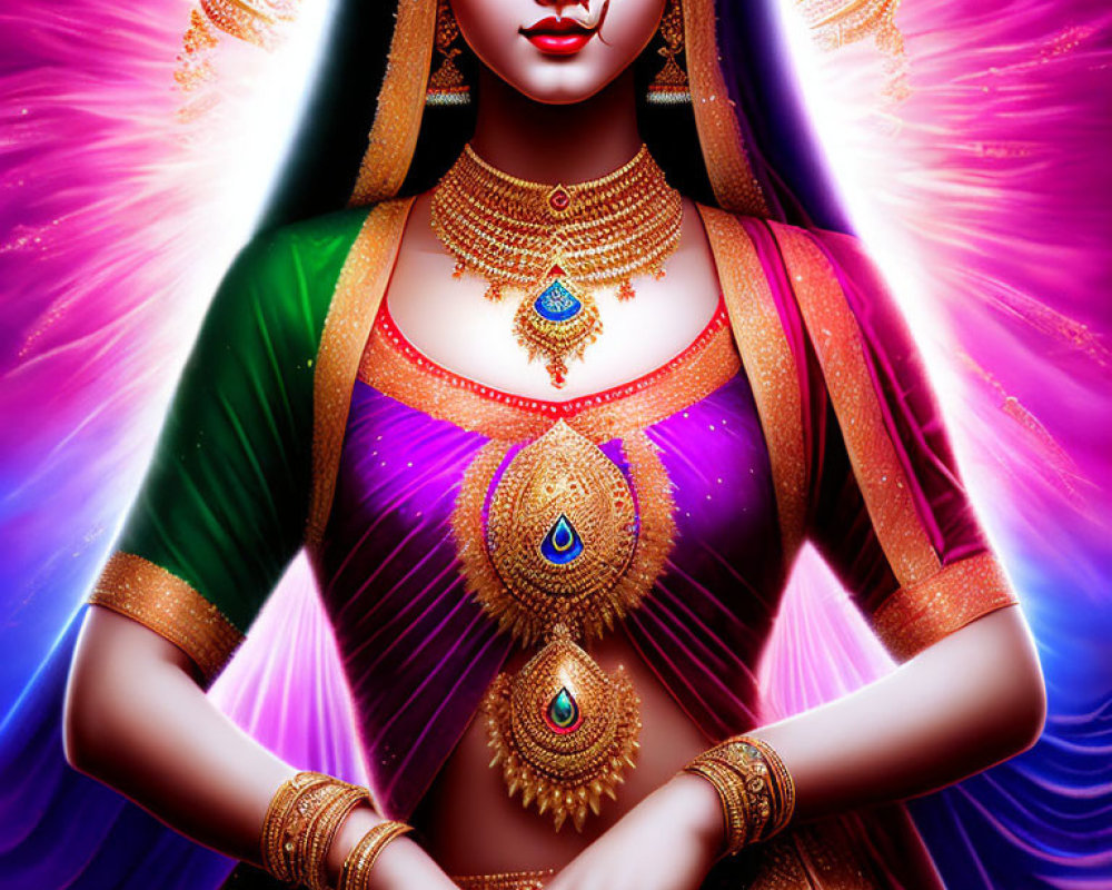 Digital artwork of a mystical woman in traditional Indian attire with four arms