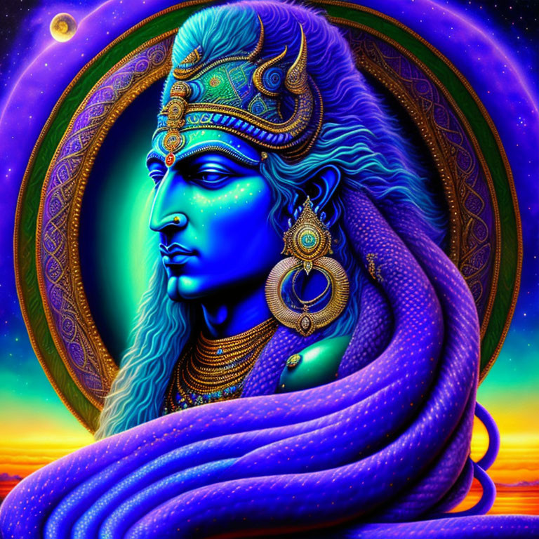 Blue-skinned figure in traditional attire against cosmic backdrop