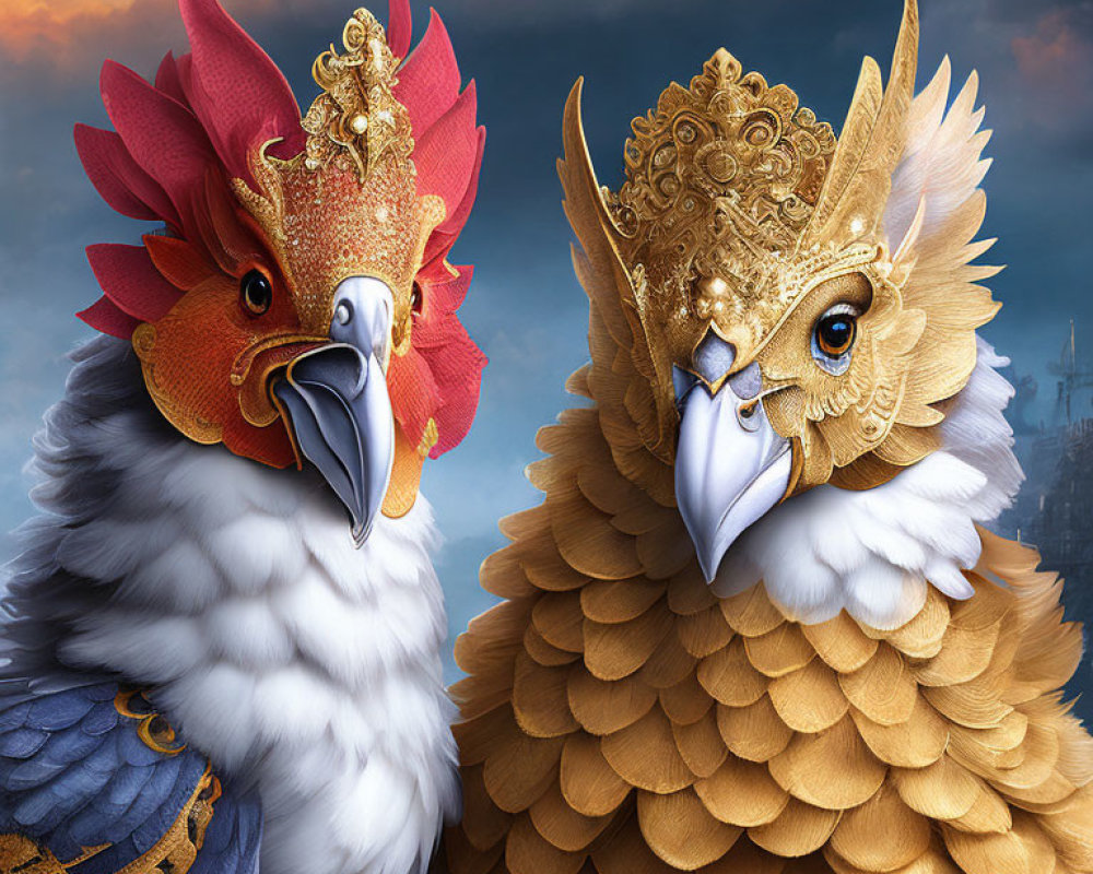 Majestic birds with golden headpieces in dramatic sky