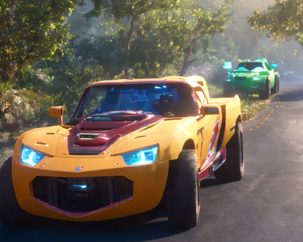 Two vibrant sports cars on sunlit road surrounded by lush greenery