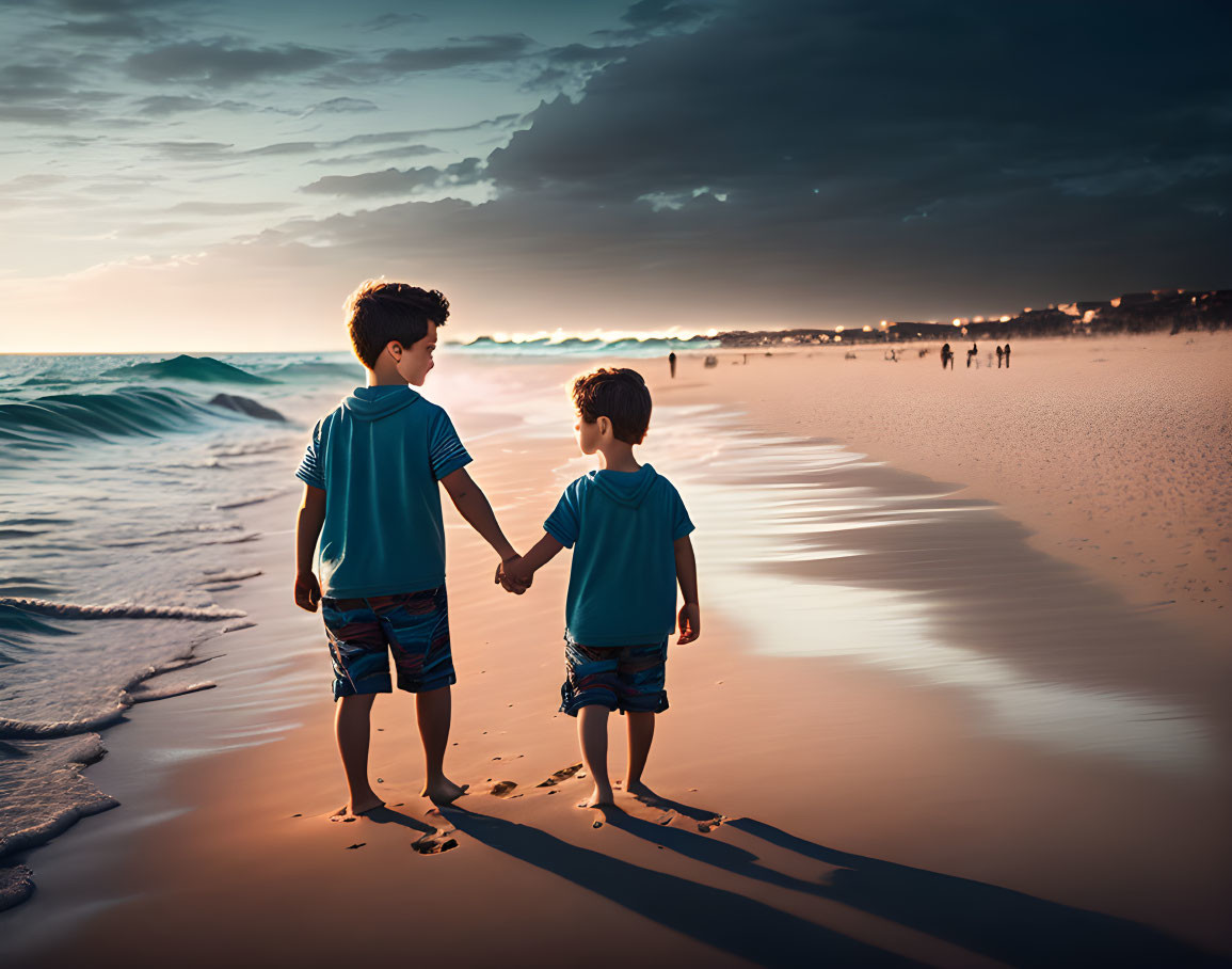 Children holding hands on beach at sunset with waves and beachgoers.