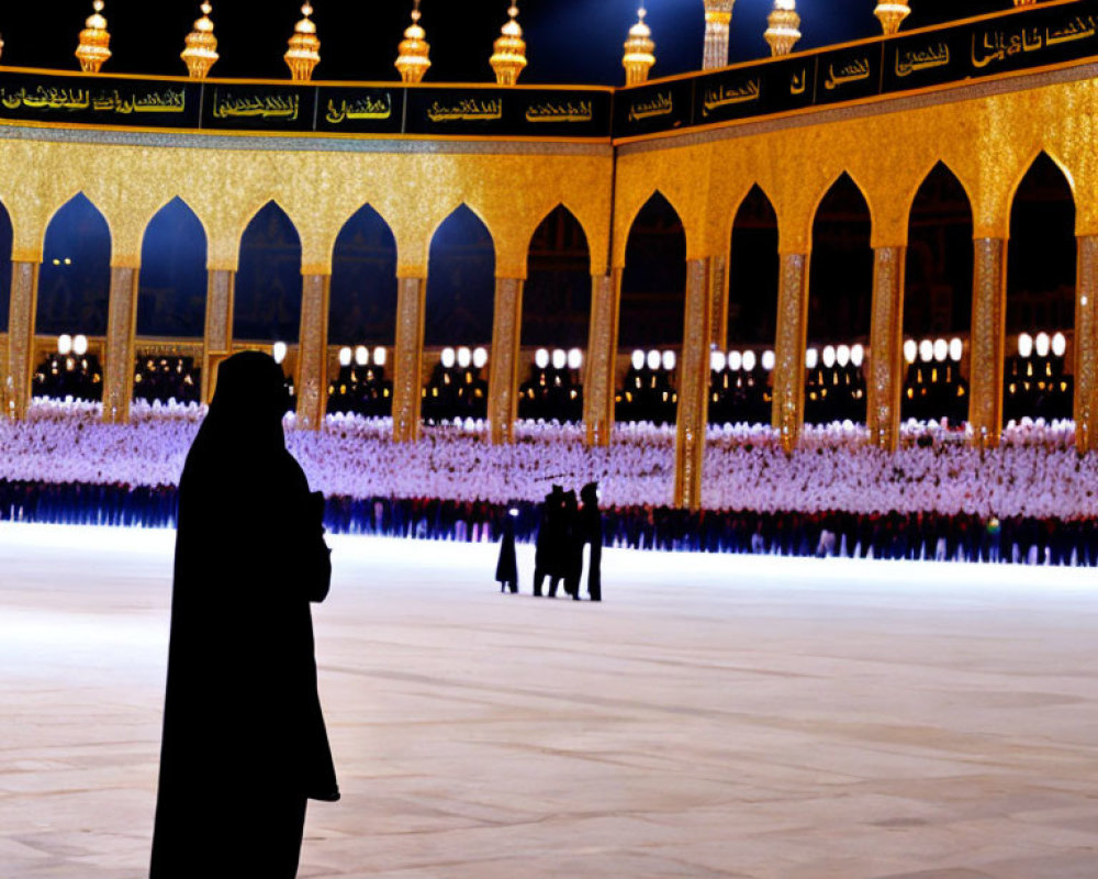 Silhouetted figure at brightly lit religious gathering with ornate architecture