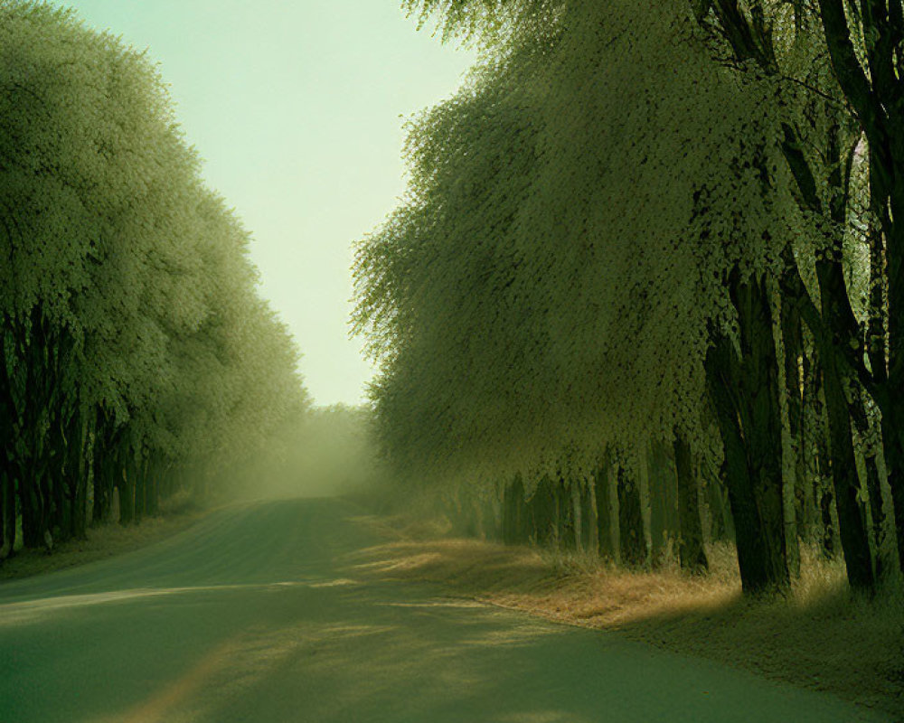 Tranquil road with overhanging trees in soft light