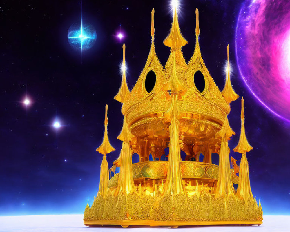 Golden palace floating in cosmic scene with stars, purple planet, and blue crystal