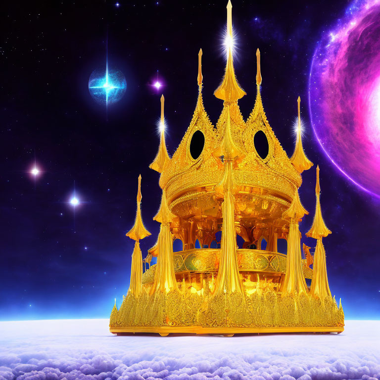 Golden palace floating in cosmic scene with stars, purple planet, and blue crystal