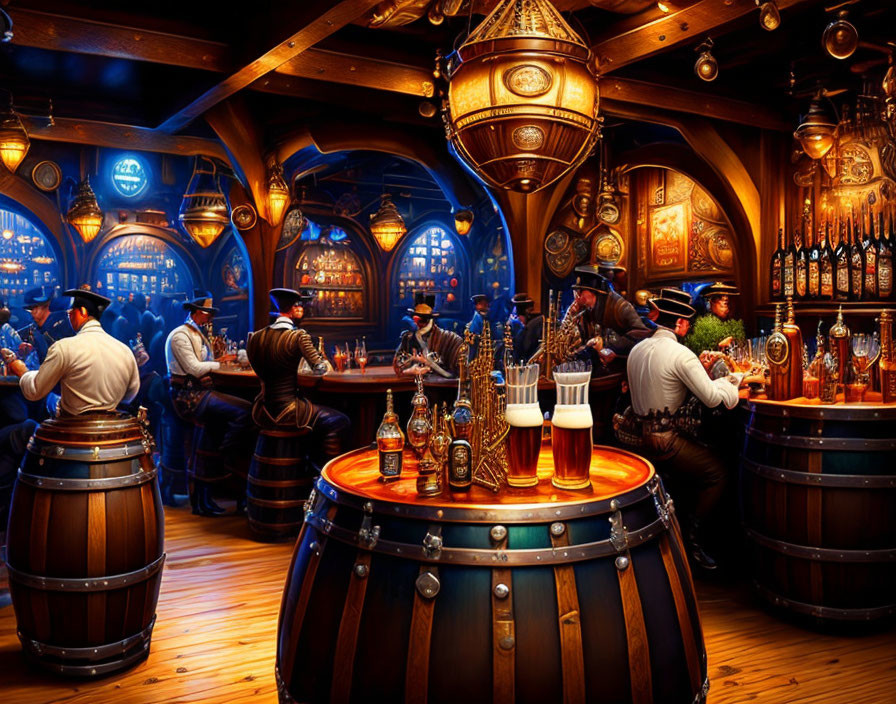 Steampunk-themed bar with intricate woodwork and brass fittings