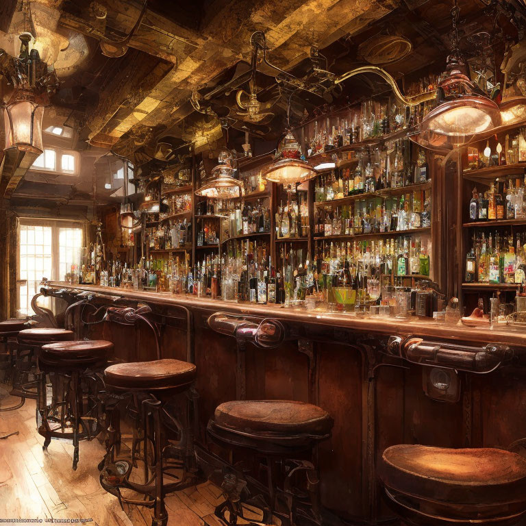 Rustic Bar Setting with Wooden Decor and Ambient Lighting