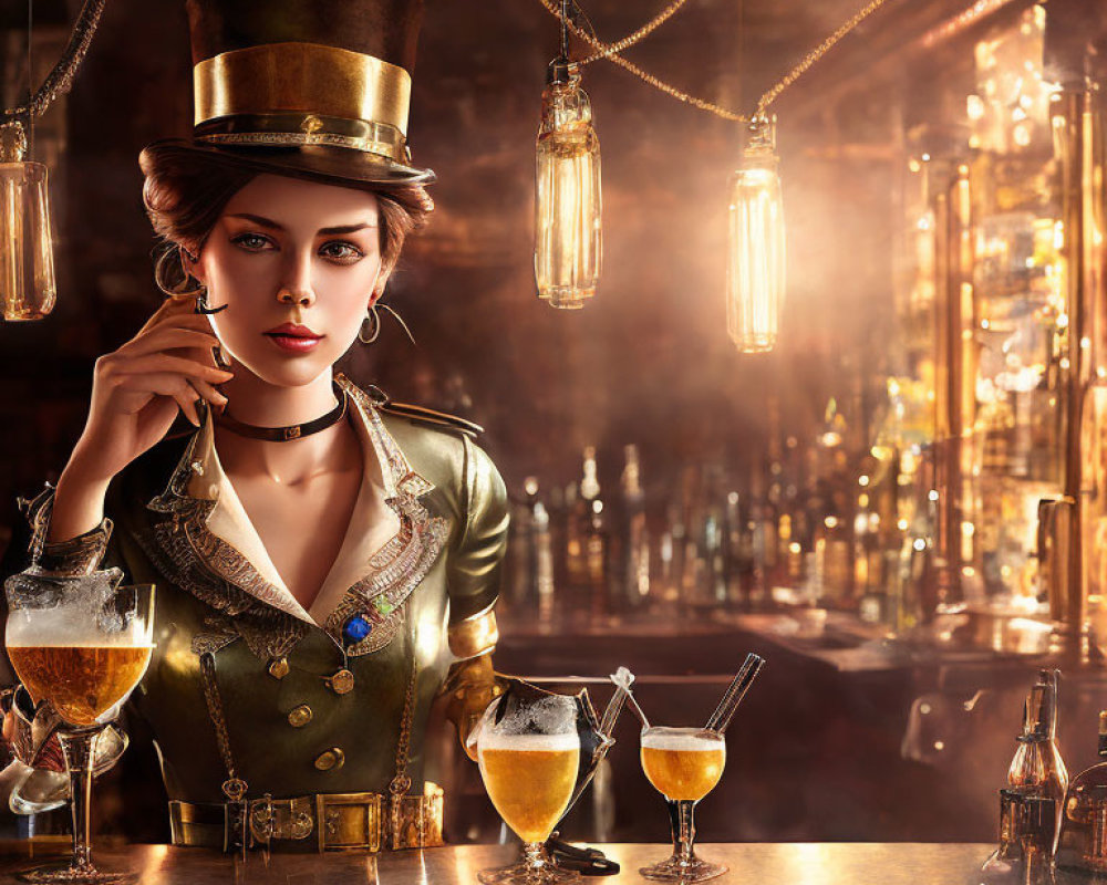 Stylized vintage bar scene with woman in top hat and phone surrounded by beer glasses