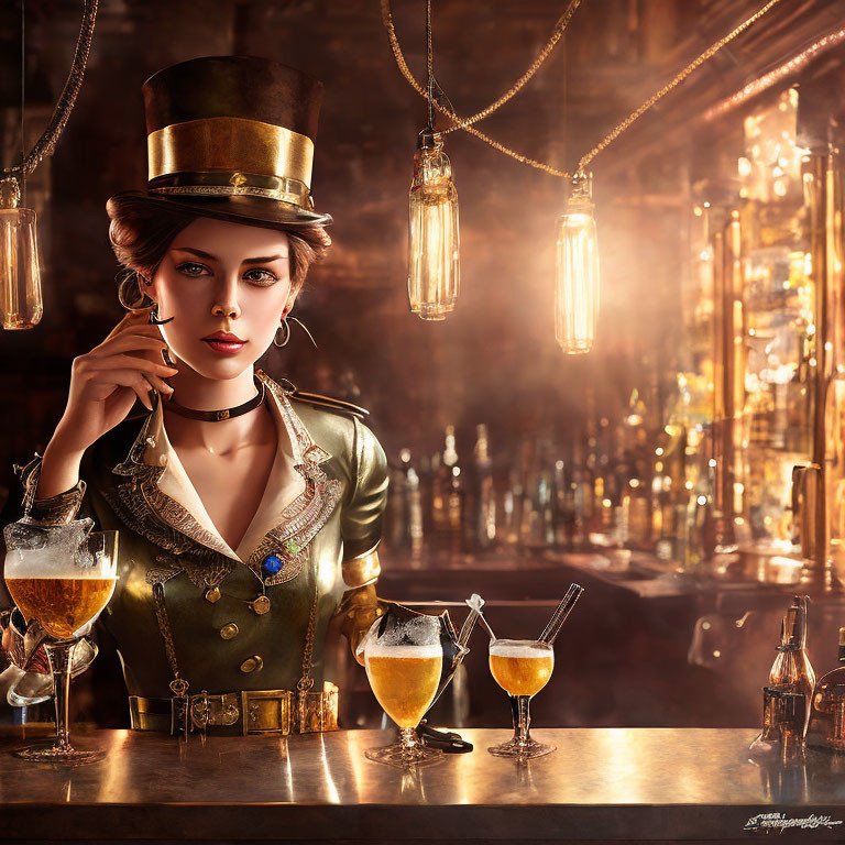 Stylized vintage bar scene with woman in top hat and phone surrounded by beer glasses