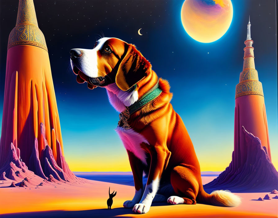 Colorful desert scene with dog, spires, and moon