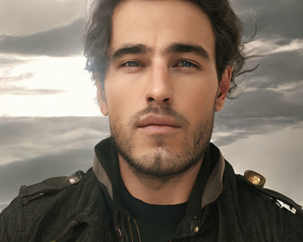Young Man with Dark Curly Hair in Military Jacket on Cloudy Sky