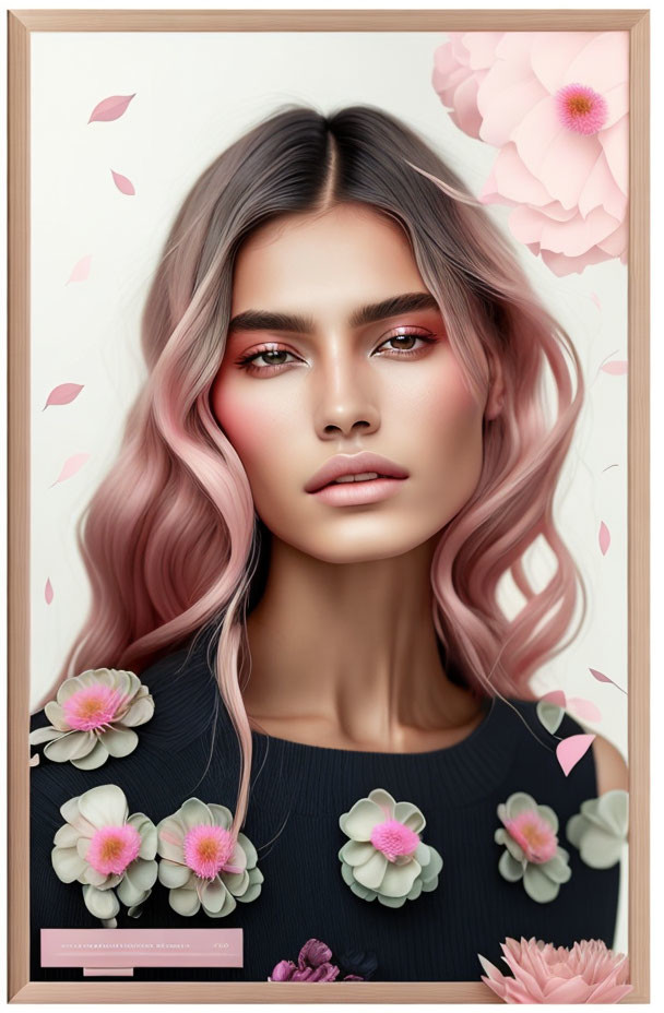 Portrait of Woman with Pink Ombre Hair & Floral Makeup in Serene Springtime Setting