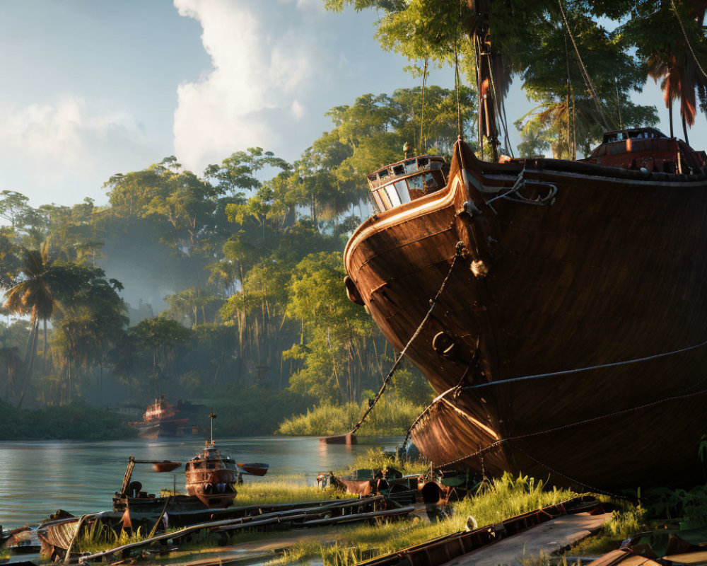 Sunlit jungle river scene with wooden boats and an imposing ship in foreground