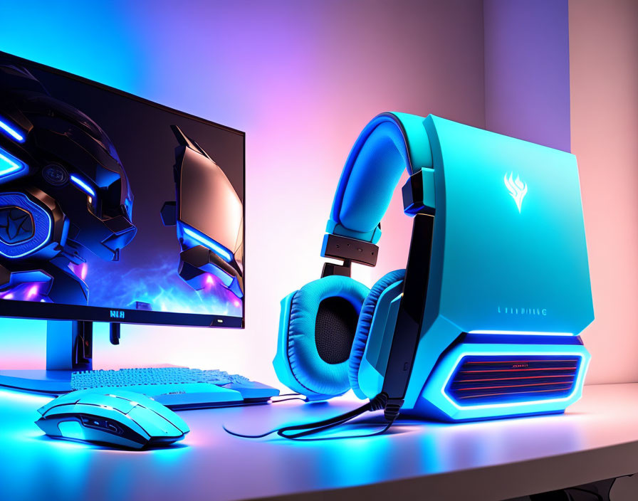 Vibrant Blue PC Tower with Matching Accessories and Dual Monitors