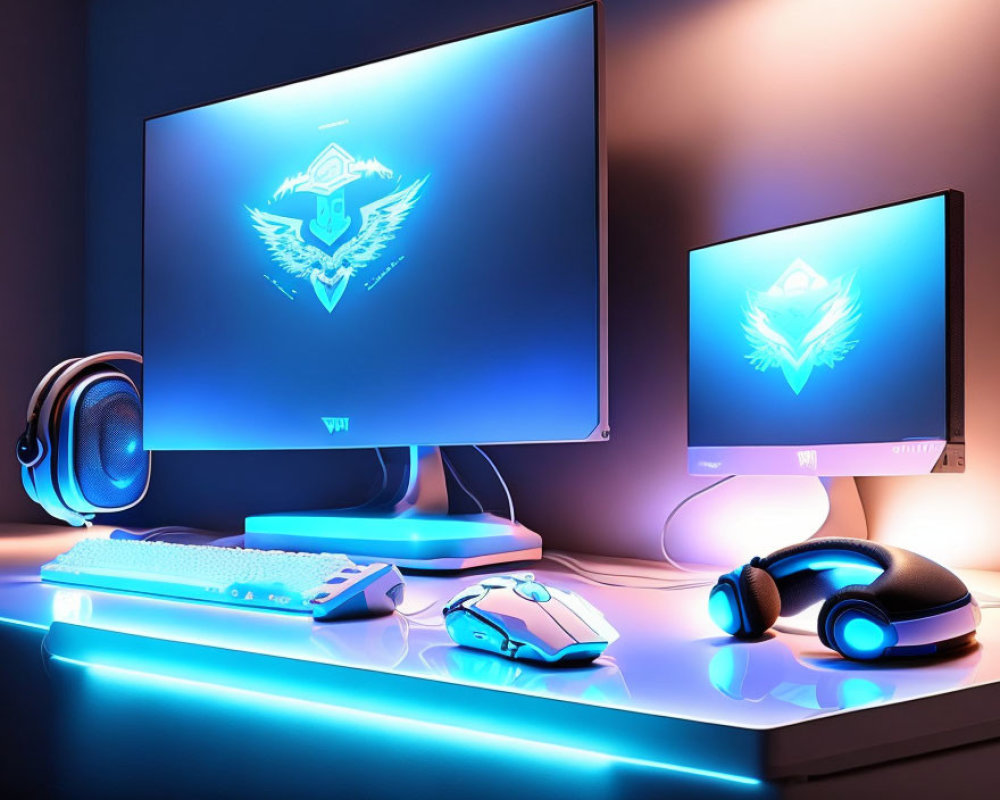 Modern Gaming Setup with Vibrant Blue Backlighting and Sleek Desk Aesthetic