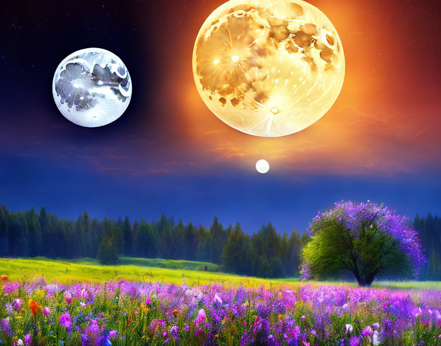 Vibrant landscape with blooming field under surreal sky and moons.