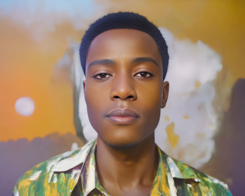 Young man with short haircut in patterned shirt against multicolored background