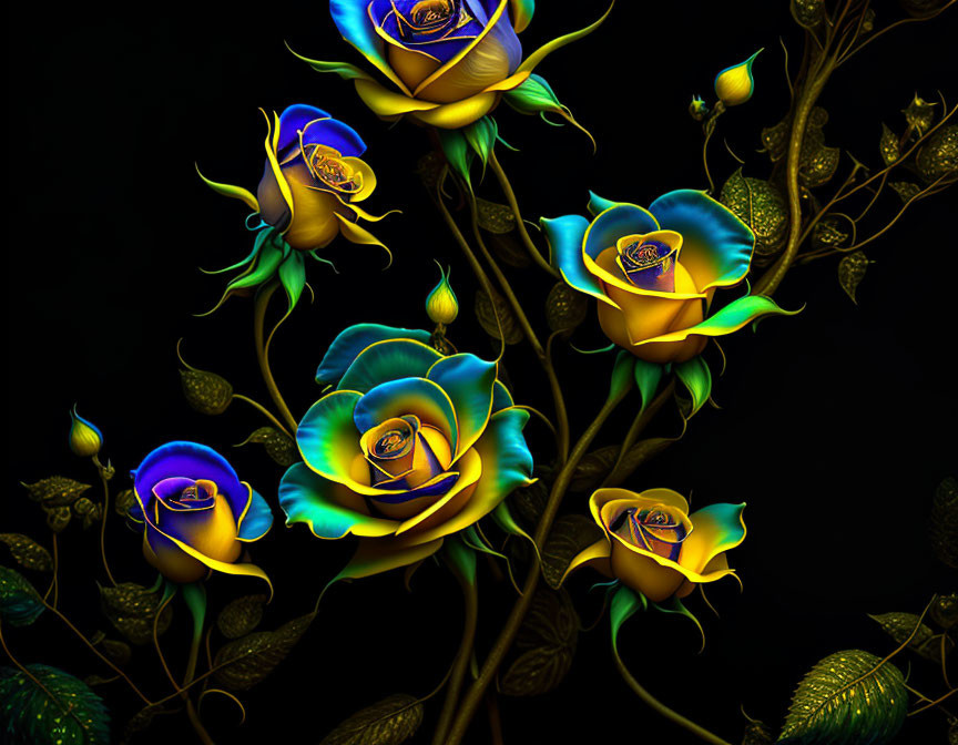Vibrant neon blue and yellow roses on dark background