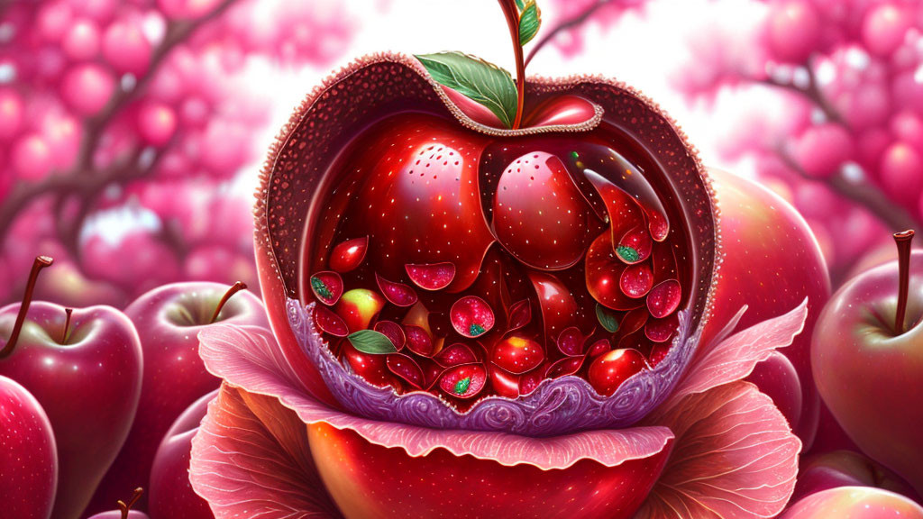 Fantasy apple digital artwork with cherries and ornate patterns.