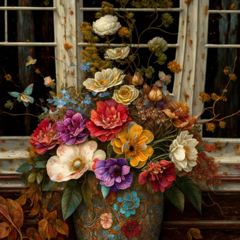 Colorful Flower Bouquet in Decorative Vase by Rustic Window