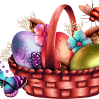 Vibrant Easter eggs and flowers with purple glass and golden accents