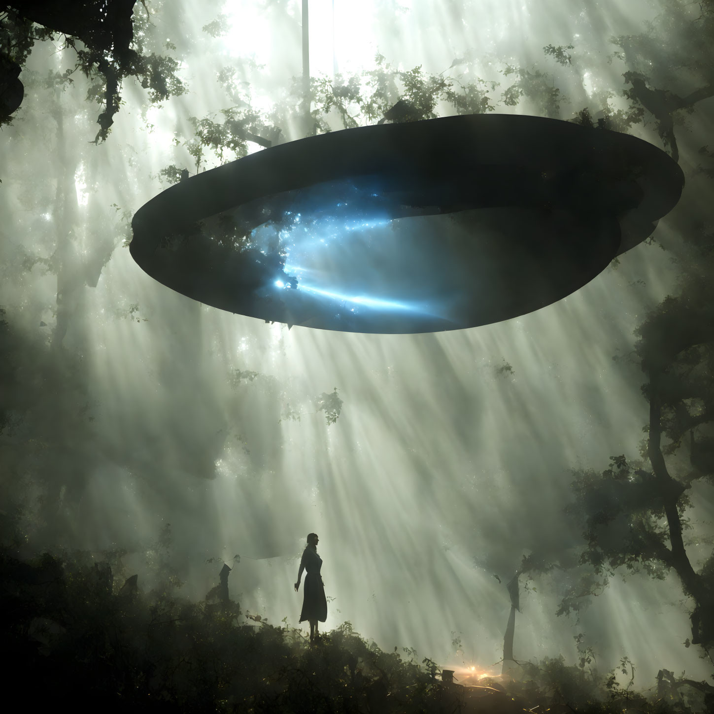 Mysterious UFO in foggy forest with silhouetted figure below