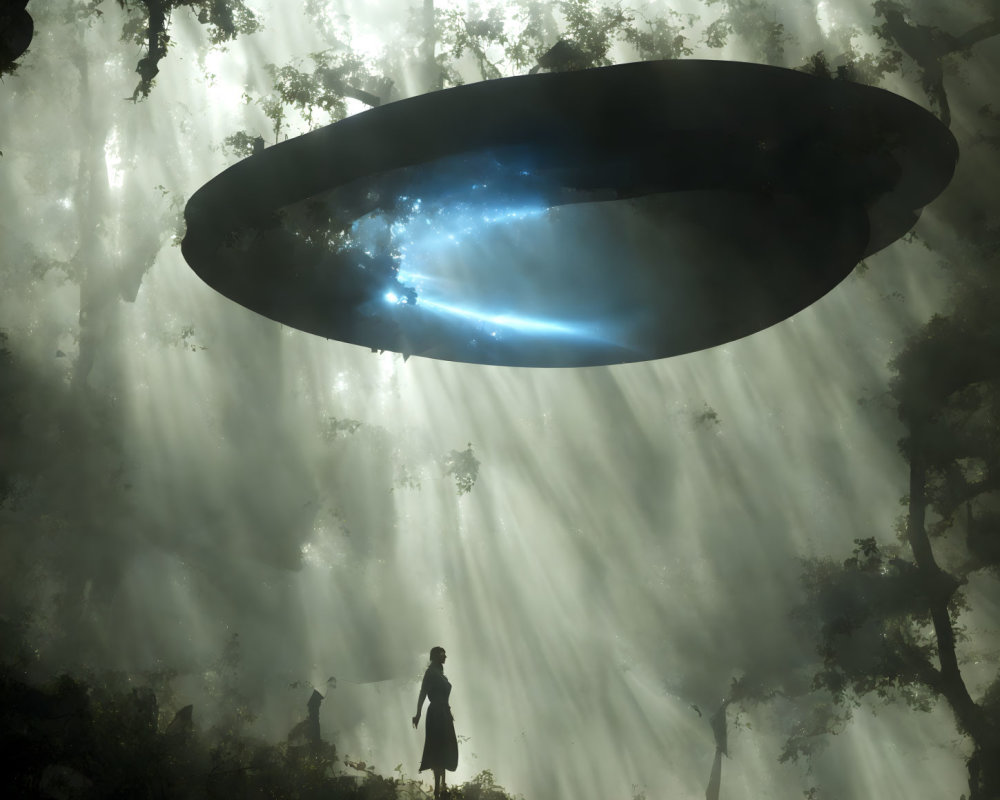 Mysterious UFO in foggy forest with silhouetted figure below