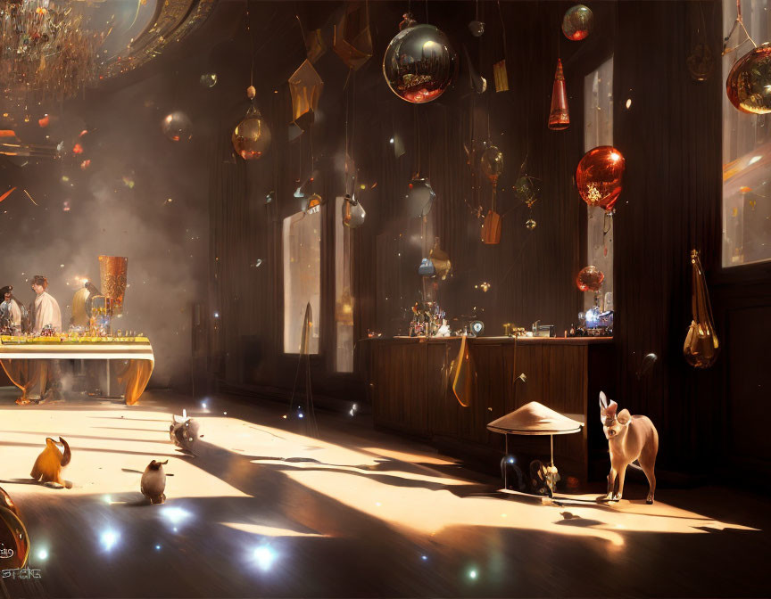 Luxurious room with floating balloons, sunlight, bar, and cats roaming on polished floor