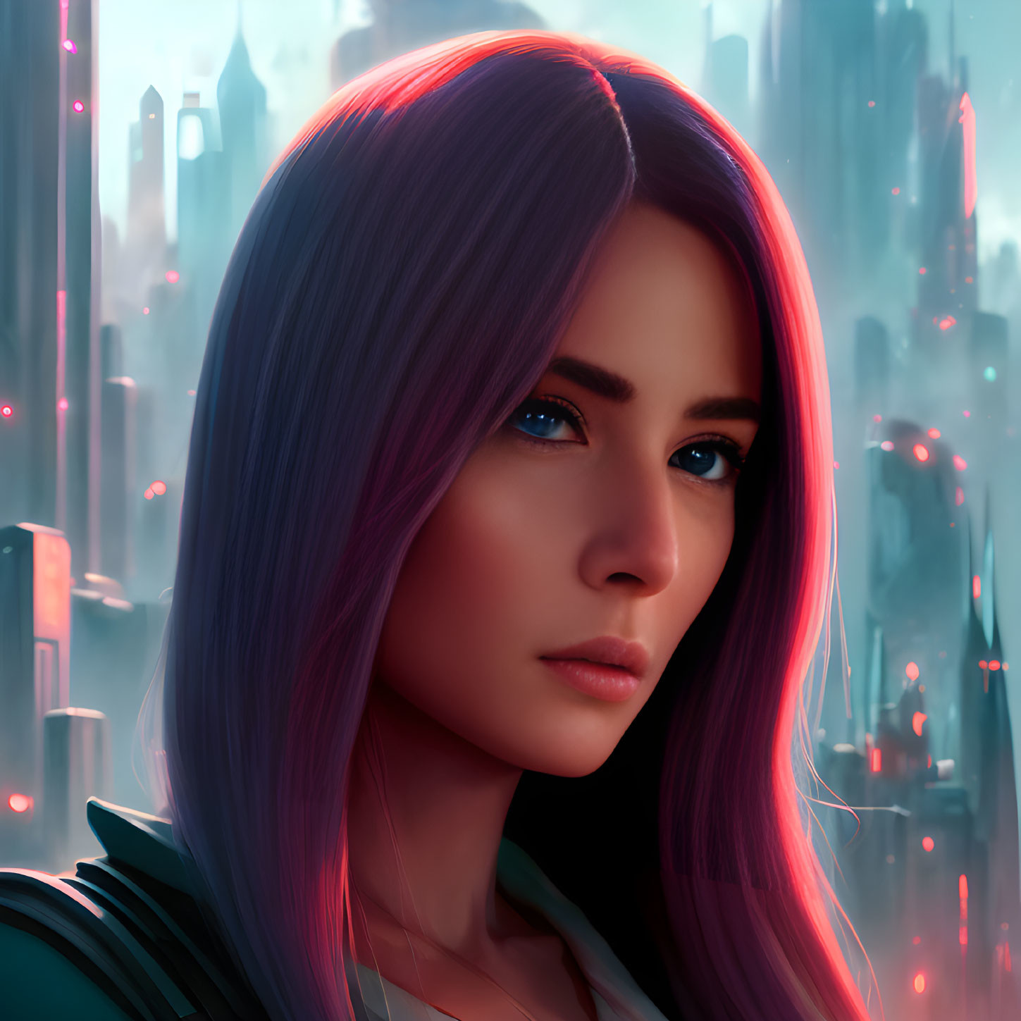 Digital artwork: Woman with purple hair and blue eyes in futuristic cityscape.