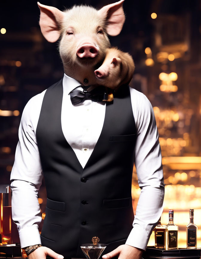 Anthropomorphic Pig in Suit and Bow Tie at Bar Counter
