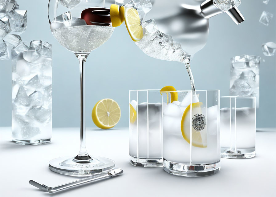 Table with ice-filled glasses, pouring water, lemon twist, and slices.
