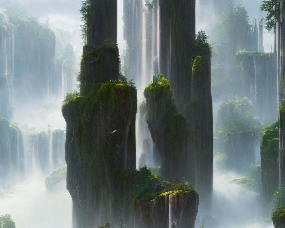 Majestic rock pillars surrounded by waterfalls and mist, with lush greenery.